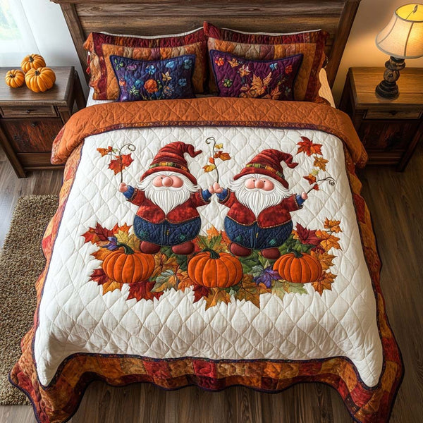 Autumn Gnome Joy quilted 3-piece bedding set on a made bed in a winter-styled bedroom