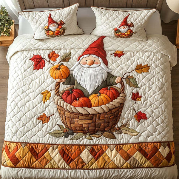 Autumn Gnome Magic quilted 3-piece bedding set on a made bed in a winter-styled bedroom