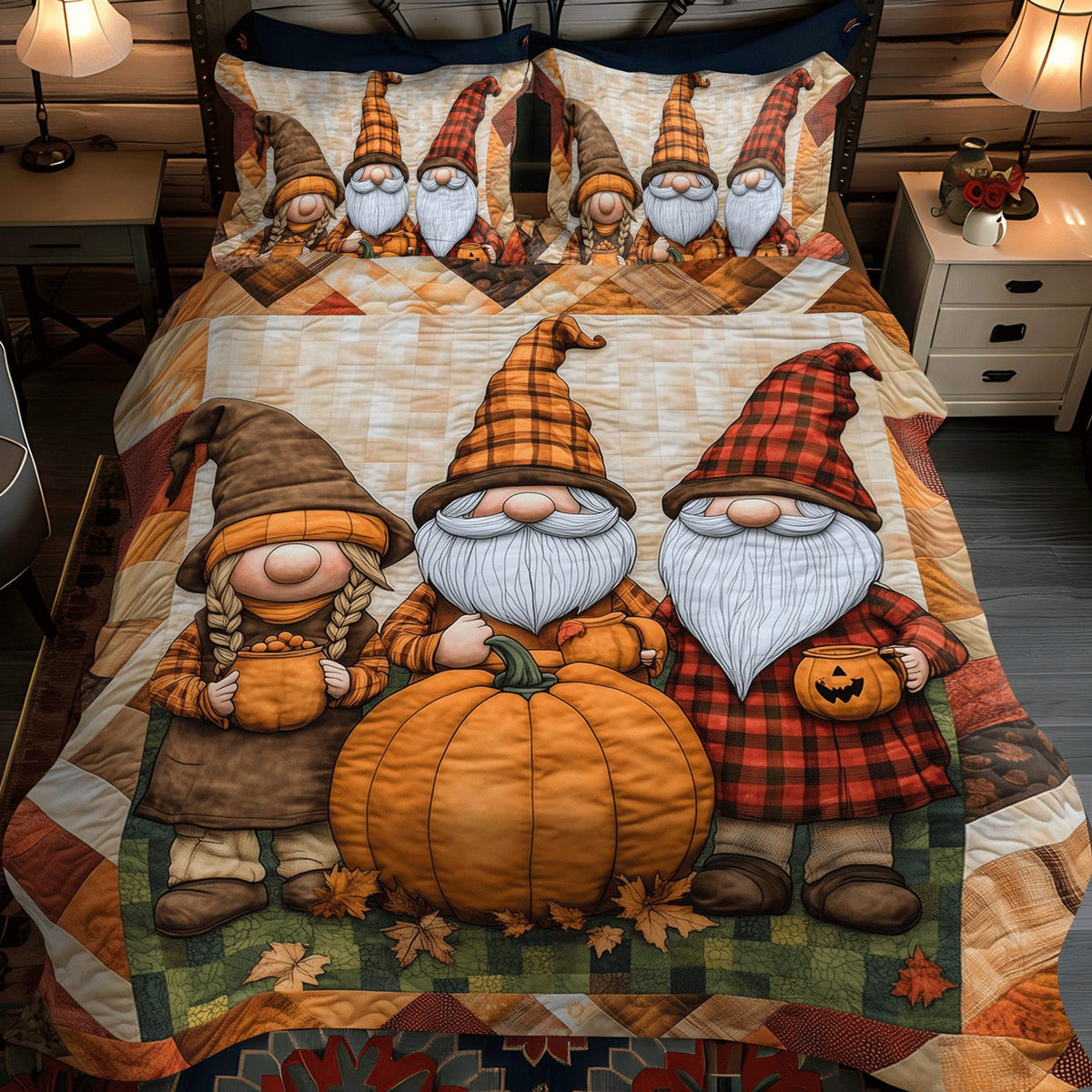 Autumn Gnome Magic quilted 3-piece bedding set on a made bed in a winter-styled bedroom