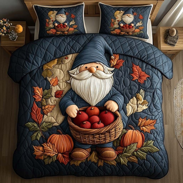 Autumn Gnome Parade quilted 3-piece bedding set on a made bed in a winter-styled bedroom