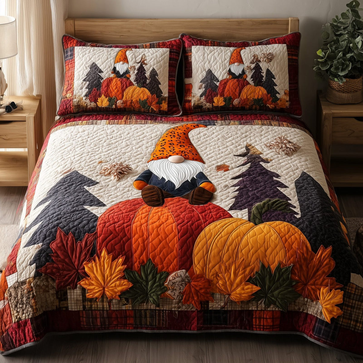 Autumn Gnome quilted 3-piece bedding set on a made bed in a winter-styled bedroom