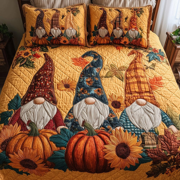 Autumn Gnome quilted 3-piece bedding set on a made bed in a winter-styled bedroom