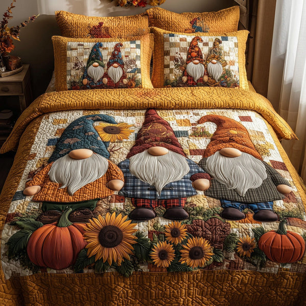 Autumn Gnome quilted 3-piece bedding set on a made bed in a winter-styled bedroom