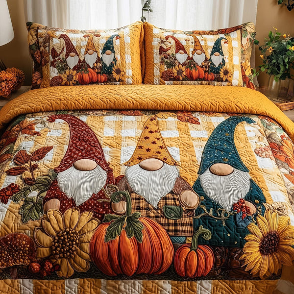 Autumn Gnome quilted 3-piece bedding set on a made bed in a winter-styled bedroom