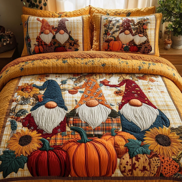 Autumn Gnome quilted 3-piece bedding set on a made bed in a winter-styled bedroom