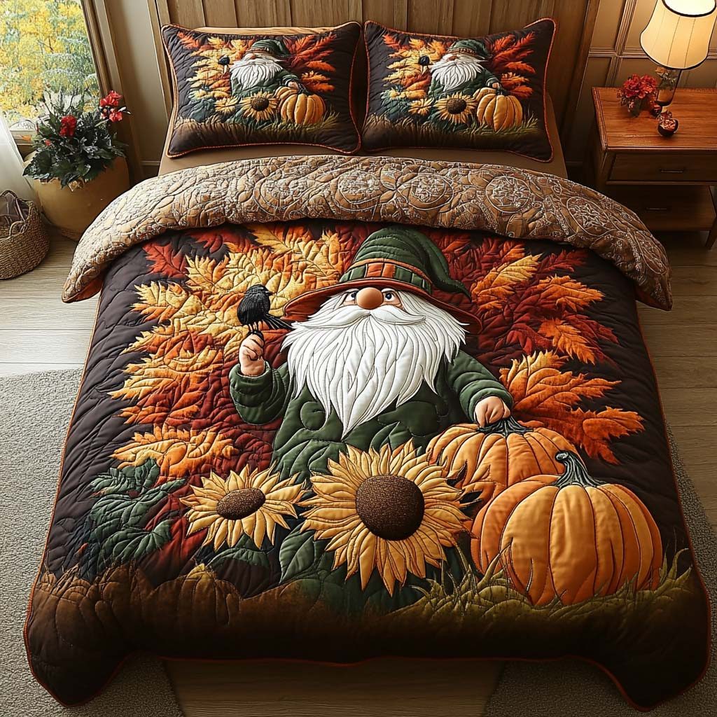 Autumn Gnome quilted 3-piece bedding set on a made bed in a winter-styled bedroom