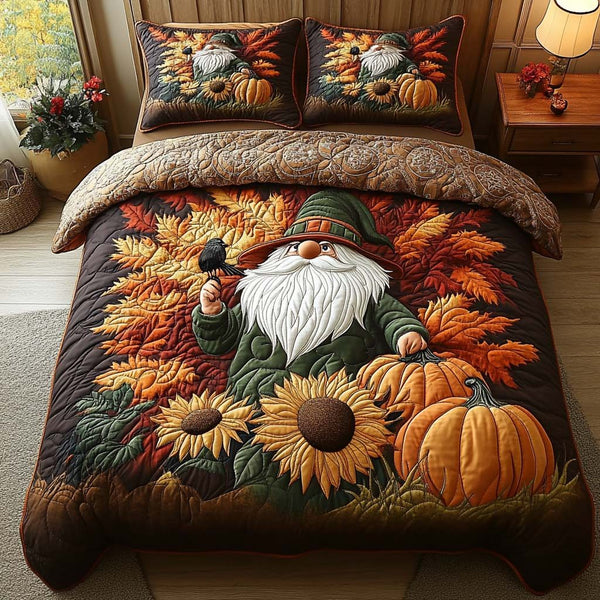 Autumn Gnome quilted 3-piece bedding set on a made bed in a winter-styled bedroom