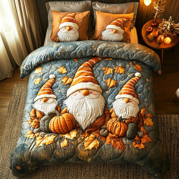 Autumn Gnome quilted 3-piece bedding set on a made bed in a winter-styled bedroom