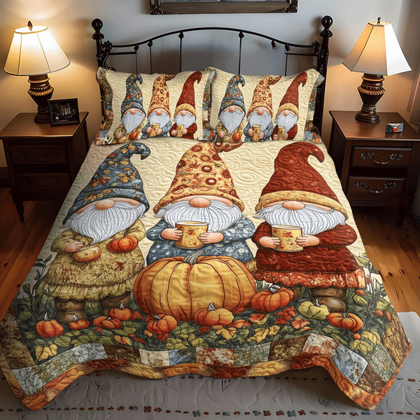 Autumn Gnomes quilted 3-piece bedding set on a made bed with two matching pillow shams