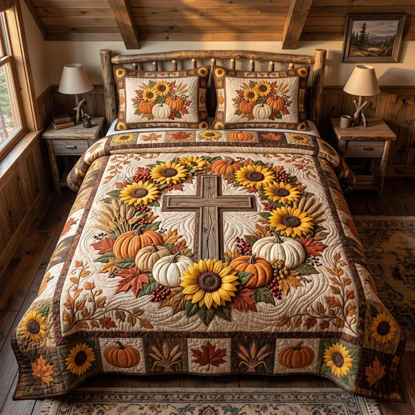 Autumn Grace quilted 3-piece bedding set on a made bed with two matching pillow shams