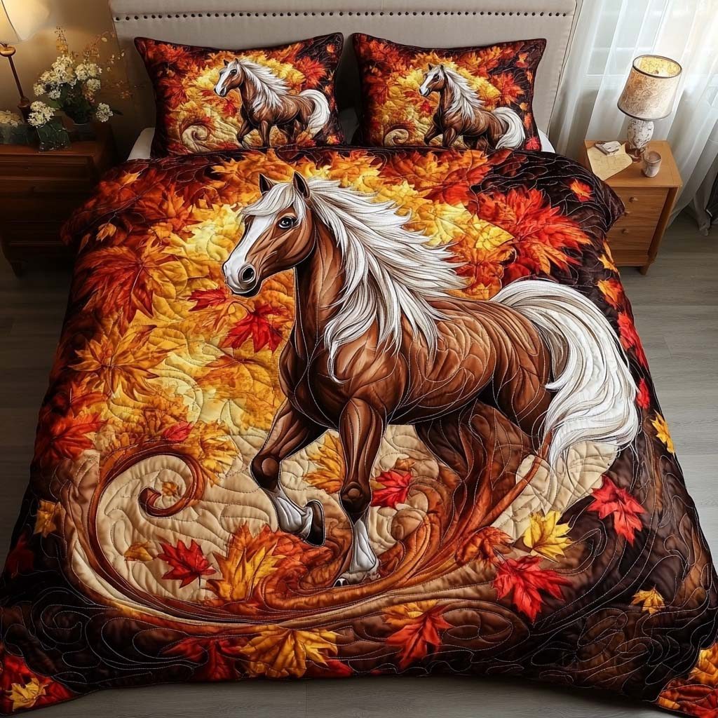Autumn Grace quilted 3-piece bedding set on a made bed with two matching pillow shams