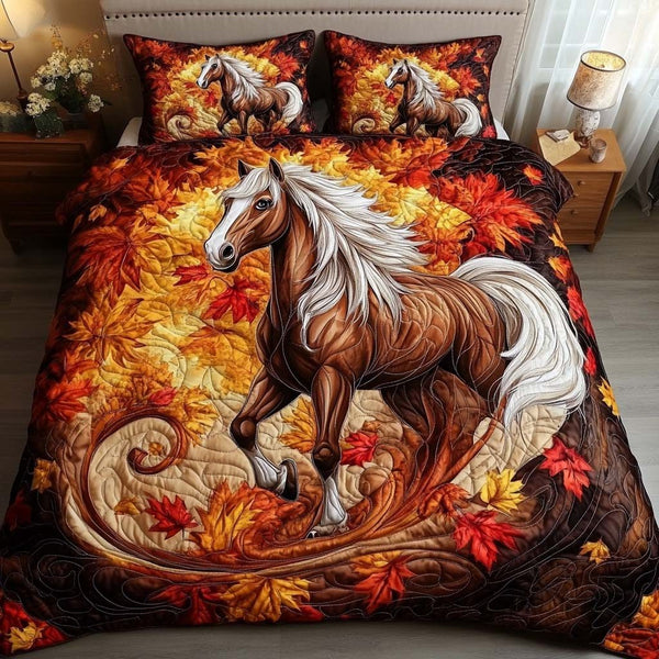 Autumn Grace quilted 3-piece bedding set on a made bed with two matching pillow shams