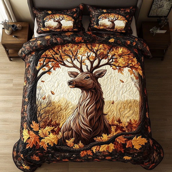 Autumn Grace quilted 3-piece bedding set on a made bed with two matching pillow shams