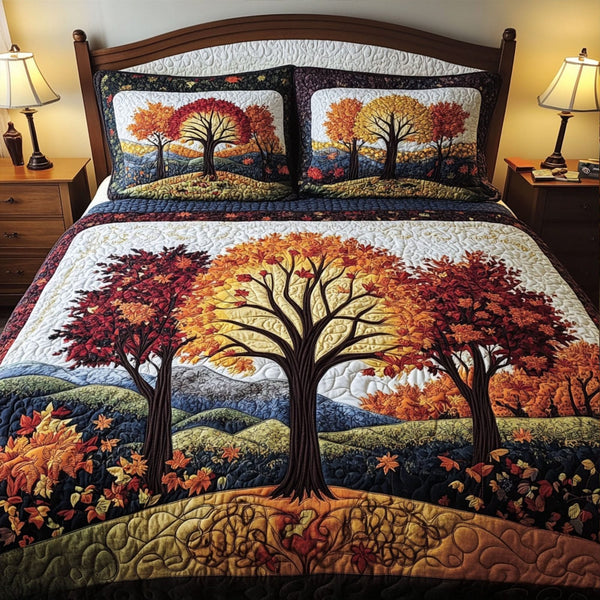 Autumn Grove quilted 3-piece bedding set on a made bed with two matching pillow shams