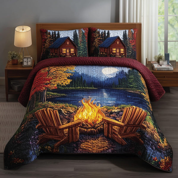 Autumn Harmony quilted 3-piece bedding set on a made bed with two matching pillow shams