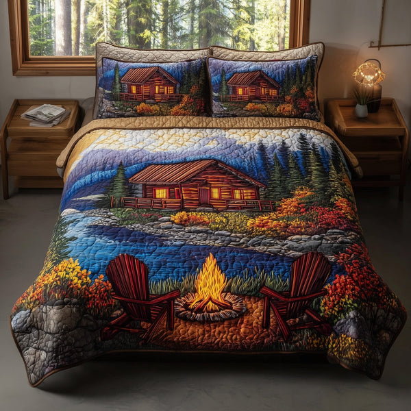 Autumn Harmony quilted 3-piece bedding set on a made bed with two matching pillow shams