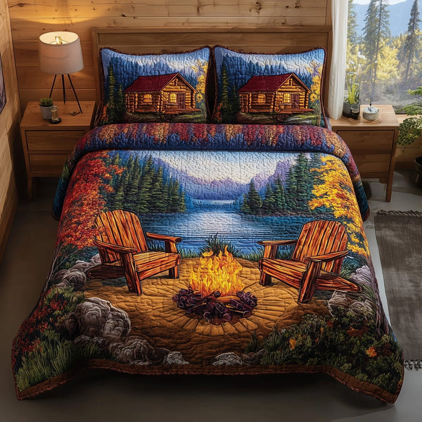 Autumn Harmony quilted 3-piece bedding set on a made bed with two matching pillow shams