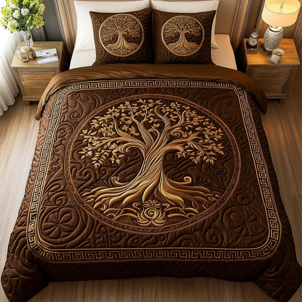 Autumn Harmony quilted 3-piece bedding set on a made bed with two matching pillow shams