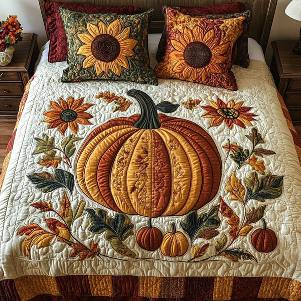 Autumn Harvest Pumpkins quilted 3-piece bedding set on a made bed against a dark styled interior