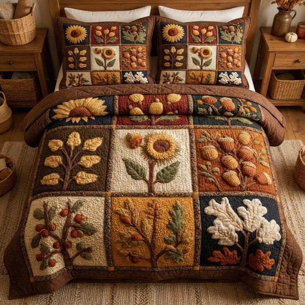 Autumn Harvest quilted 3-piece bedding set on a made bed with two matching pillow shams