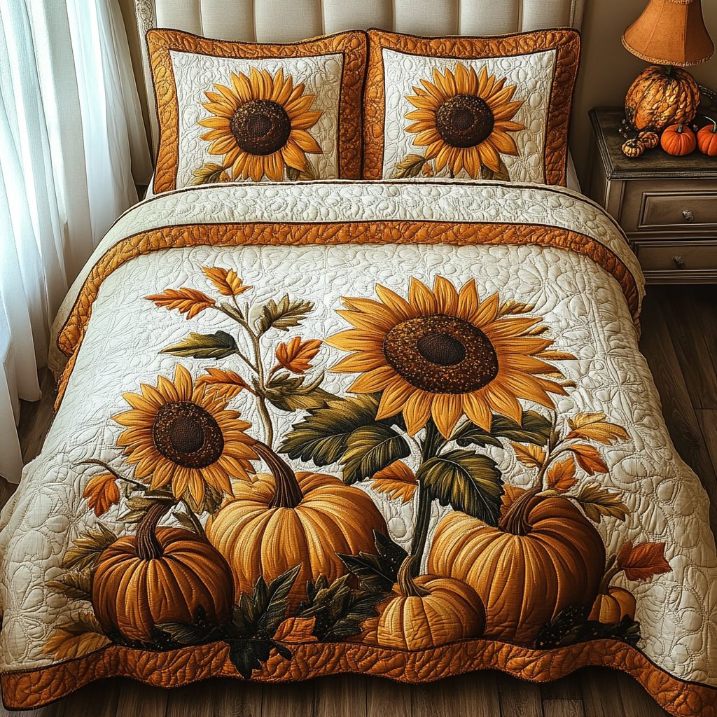 Autumn Harvest quilted 3-piece bedding set on a made bed with two matching pillow shams
