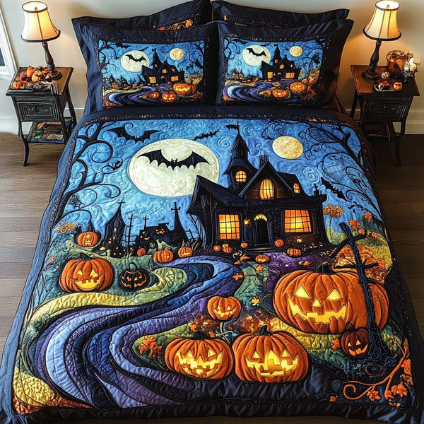 Autumn Haunt quilted 3-piece bedding set on a made bed with two matching pillow shams