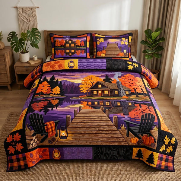 Autumn Haven quilted 3-piece bedding set on a made bed with two matching pillow shams