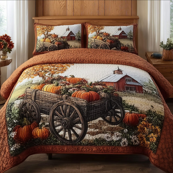 Autumn Haven quilted 3-piece bedding set on a made bed with two matching pillow shams