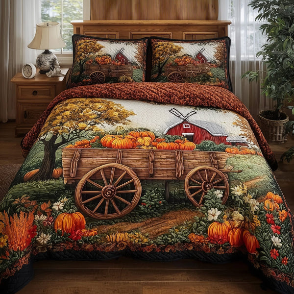 Autumn Haven quilted 3-piece bedding set on a made bed with two matching pillow shams