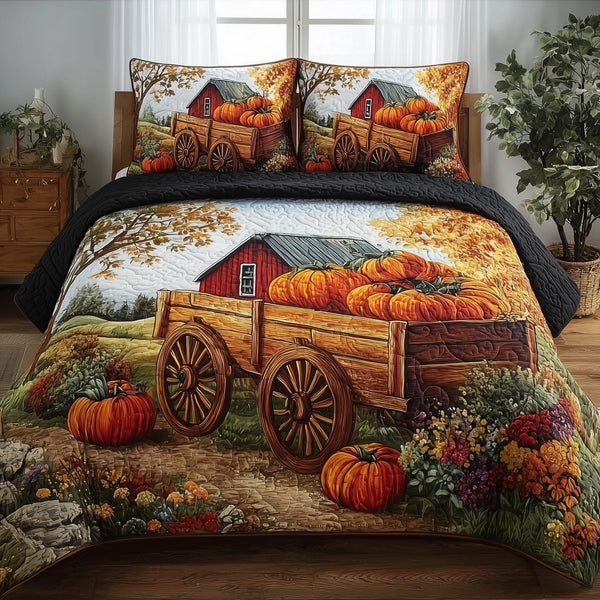 Autumn Haven quilted 3-piece bedding set on a made bed with two matching pillow shams