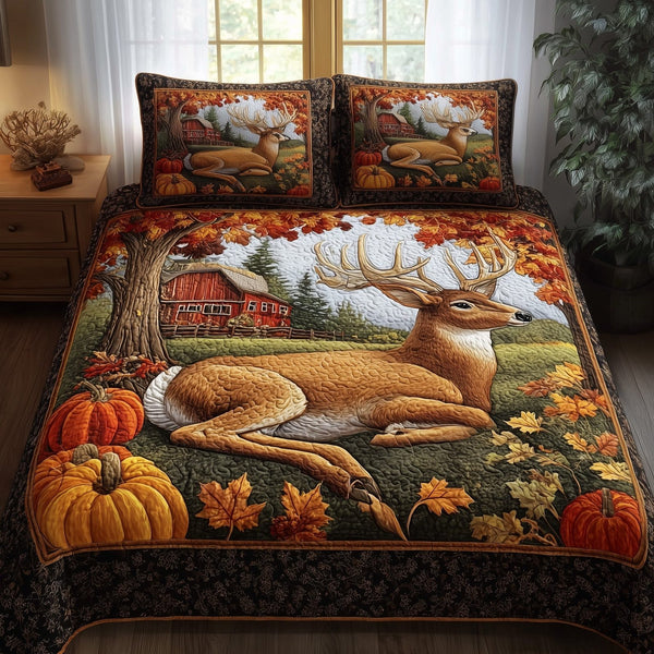 Autumn Haven quilted 3-piece bedding set on a made bed with two matching pillow shams