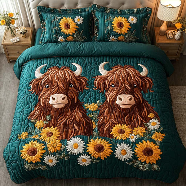 Autumn Highland Charm quilted 3-piece bedding set on a made bed with two matching pillow shams