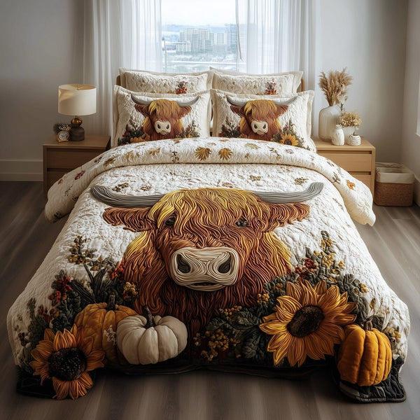 Autumn Highland Cow quilted 3-piece bedding set on a made bed with two matching pillow shams