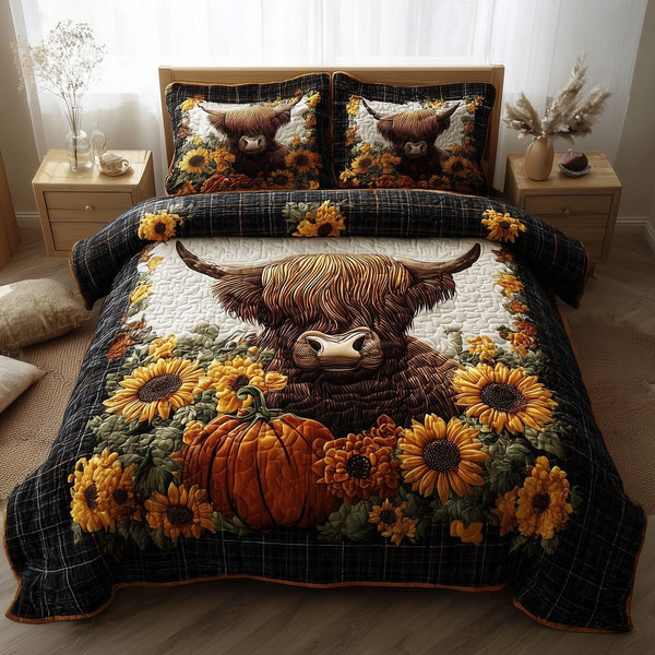 Autumn Highland Cow quilted 3-piece bedding set on a made bed with two matching pillow shams