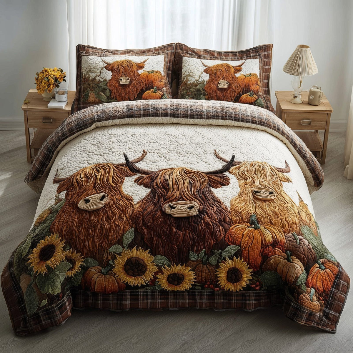 Autumn Highland Cow quilted 3-piece bedding set on a made bed with two matching pillow shams