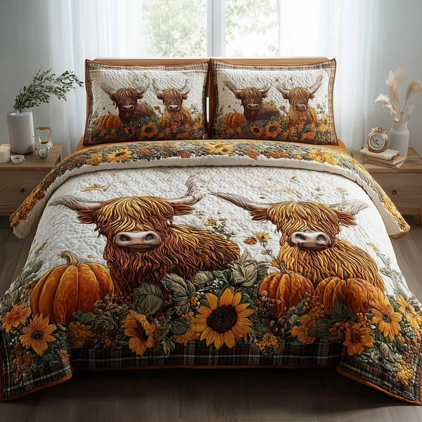 Autumn Highland Cow quilted 3-piece bedding set on a made bed with two matching pillow shams