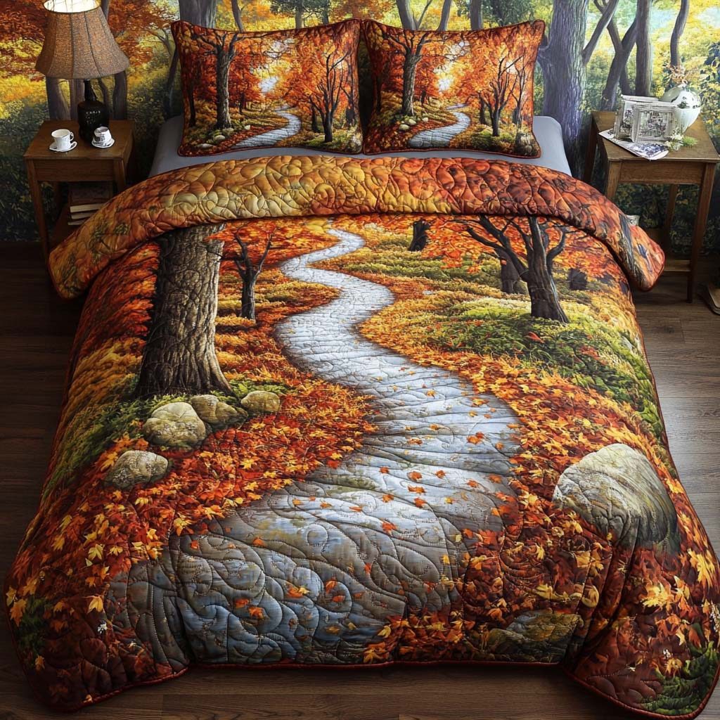 Autumn Hillside View quilted 3-piece bedding set on a made bed with two matching pillow shams