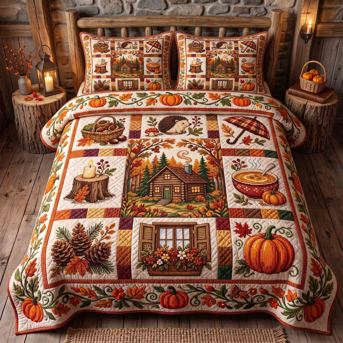 Autumn Homestead quilted 3-piece bedding set on a made bed in a rustic timber bedroom