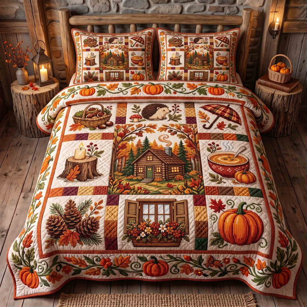 Autumn Homestead quilted 3-piece bedding set on a made bed in a rustic timber bedroom