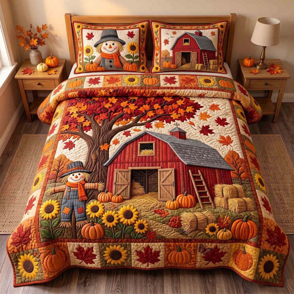 Autumn Homestead quilted 3-piece bedding set on a made bed in a rustic timber bedroom