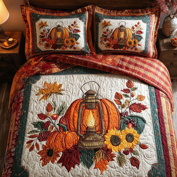 Autumn in Bloom quilted 3-piece bedding set on a made bed with two matching pillow shams