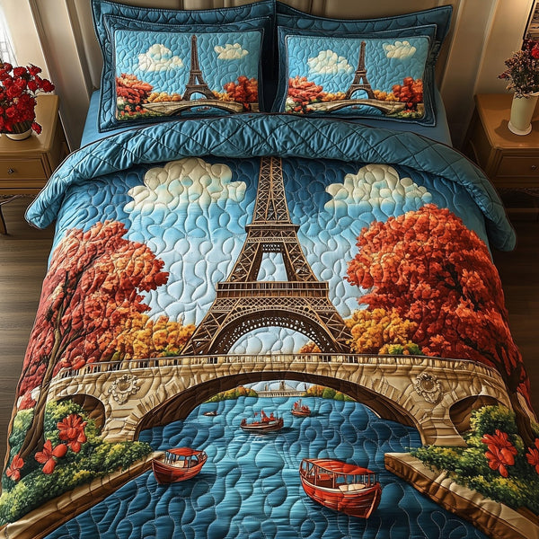 Autumn in Paris quilted 3-piece bedding set on a made bed with two matching pillow shams