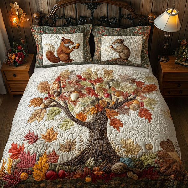 Autumn in the Woods quilted 3-piece bedding set on a made bed with two matching pillow shams