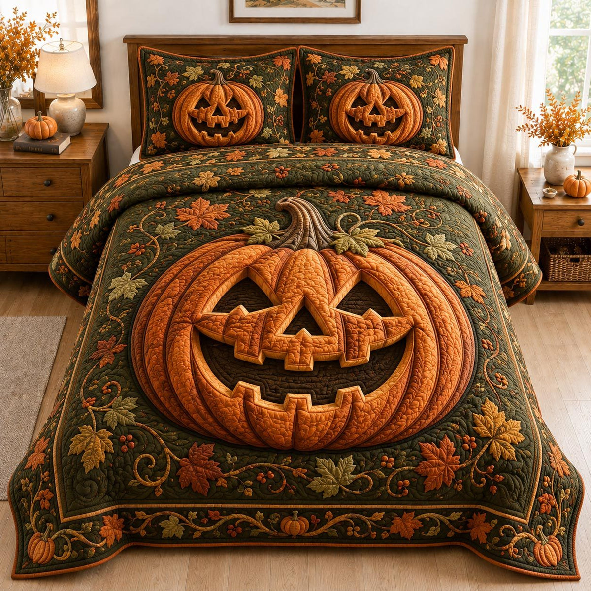 Autumn Jack quilted 3-piece bedding set on a made bed with two matching pillow shams