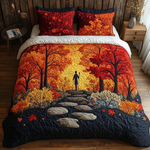 Autumn Journey quilted 3-piece bedding set on a made bed with two matching pillow shams