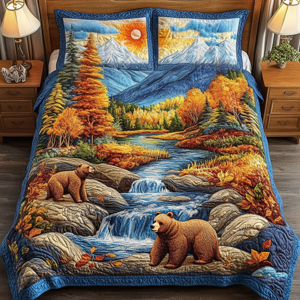Autumn Journey quilted 3-piece bedding set on a made bed with two matching pillow shams