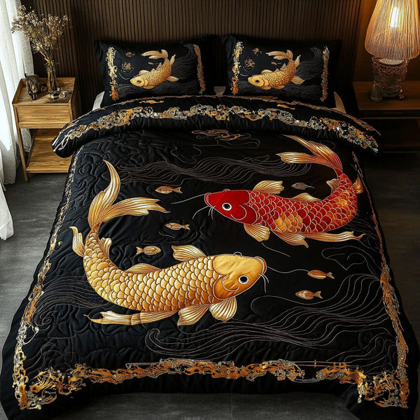 Autumn Koi quilted 3-piece bedding set on a made bed with two matching pillow shams