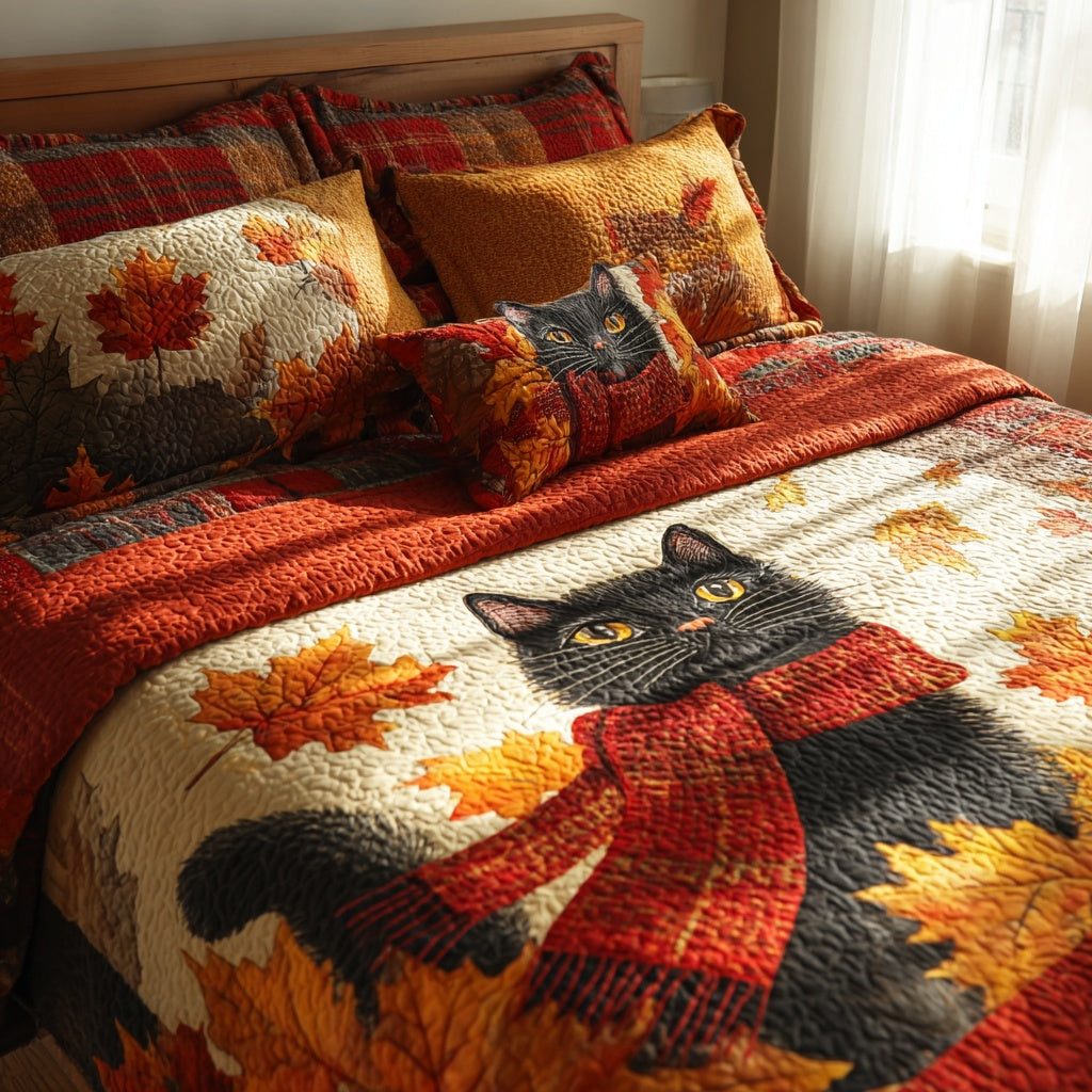 Autumn Leaf Medallion quilted 3-piece bedding set on a made bed with two matching pillow shams
