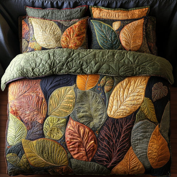 Autumn Leaf quilted 3-piece bedding set on a made bed with two matching pillow shams