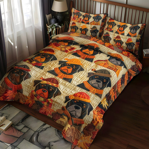 Autumn Leaves and Rottweiler Love quilted 3-piece bedding set on a made bed with two matching pillow shams